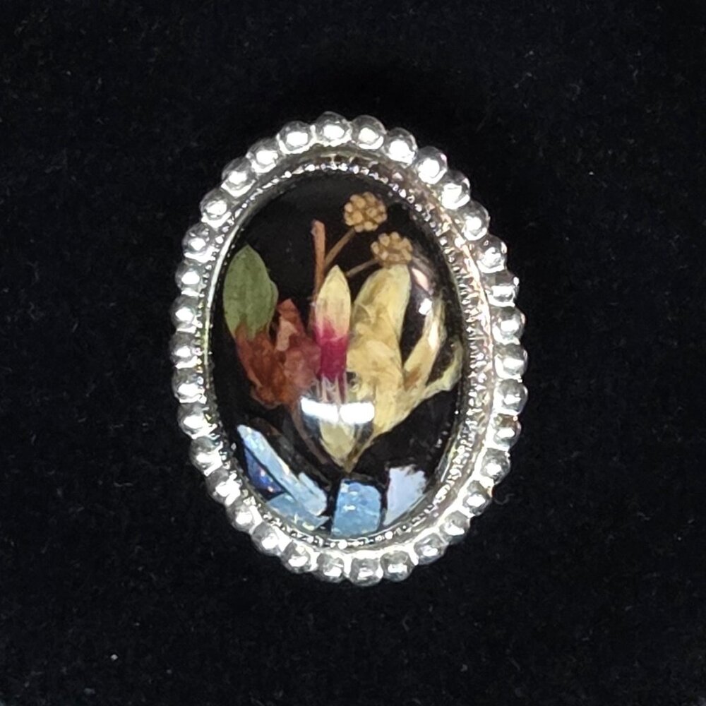 Vintage Pressed Dried Flower Brooch Necklace Pendant Opal Silver Ornate